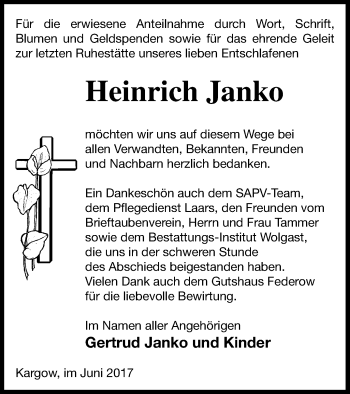 Traueranzeige von Heinrich Janko von Müritz-Zeitung