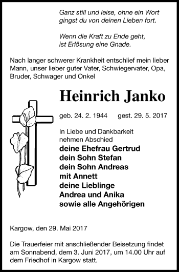 Traueranzeige von Heinrich Janko von Müritz-Zeitung