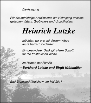 Traueranzeige von Heinrich Lutzke von Müritz-Zeitung