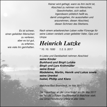 Traueranzeige von Heinrich Lutzke von Müritz-Zeitung