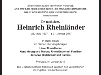 Traueranzeige von Heinrich Rheinländer von Prenzlauer Zeitung