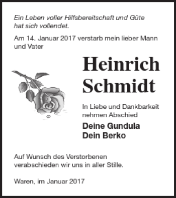 Traueranzeige von Heinrich Schmidt von Müritz-Zeitung