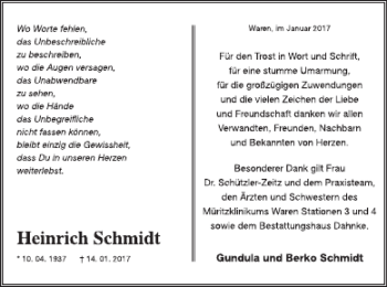 Traueranzeige von Heinrich Schmidt von Müritz-Zeitung