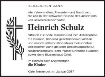 Traueranzeige von Heinrich Schulz von Neubrandenburger Zeitung