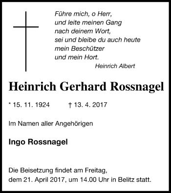 Traueranzeige von Heinrich Gerhard Rossnagel von Mecklenburger Schweiz