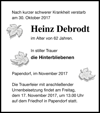 Traueranzeige von Heinz Debrodt von Pasewalker Zeitung