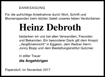 Traueranzeige von Heinz Debroth von Pasewalker Zeitung