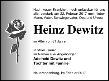 Traueranzeige von Heinz Dewitz von Neubrandenburger Zeitung