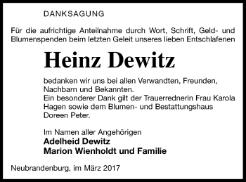 Traueranzeige von Heinz Dewitz von Neubrandenburger Zeitung