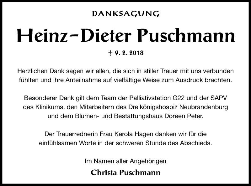  Traueranzeige für Heinz-Dieter Puschmann vom 02.03.2018 aus Neubrandenburger Zeitung