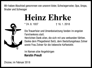 Traueranzeige von Heinz Ehrke von Vorpommern Kurier