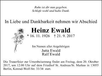 Traueranzeige von Heinz Ewald von Pasewalker Zeitung