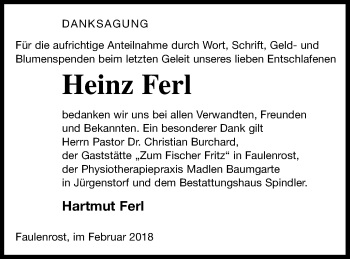 Traueranzeige von Heinz Ferl von Mecklenburger Schweiz