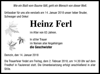 Traueranzeige von Heinz Ferl von Mecklenburger Schweiz