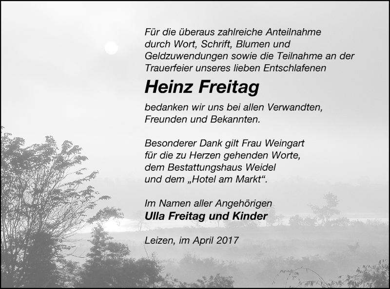  Traueranzeige für Heinz Freitag vom 19.04.2017 aus Müritz-Zeitung