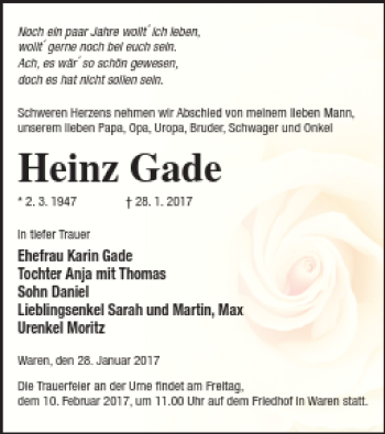 Traueranzeige von Heinz Gade von Müritz-Zeitung