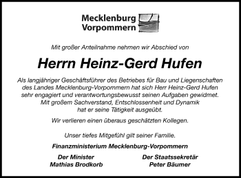 Traueranzeige von Heinz-Gerd Hufen von Nordkurier Gesamtausgabe