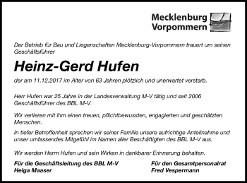 Traueranzeige von Heinz-Gerd Hufen von Nordkurier Gesamtausgabe