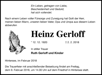 Traueranzeige von Heinz Gerloff von Haff-Zeitung