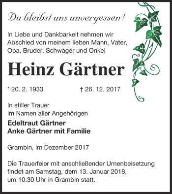 Traueranzeige von Heinz Gärtner von Haff-Zeitung