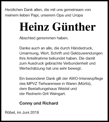 Traueranzeige von Heinz Günther von Müritz-Zeitung