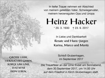 Traueranzeige von Heinz Hacker von Müritz-Zeitung