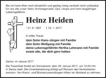 Traueranzeige von Heinz Heiden von Demminer Zeitung