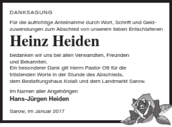 Traueranzeige von Heinz Heiden von Demminer Zeitung