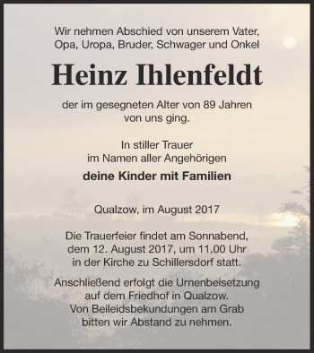 Traueranzeige von Heinz Ihlenfeldt von Strelitzer Zeitung