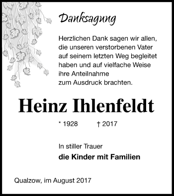 Traueranzeige von Heinz Ihlenfeldt von Strelitzer Zeitung