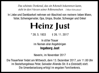 Traueranzeige von Heinz Just von Neubrandenburger Zeitung