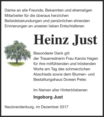 Traueranzeige von Heinz Just von Neubrandenburger Zeitung