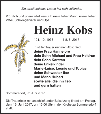 Traueranzeige von Heinz Kobs von Demminer Zeitung