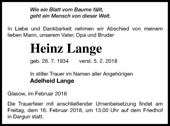 Traueranzeige von Heinz Lange von Mecklenburger Schweiz