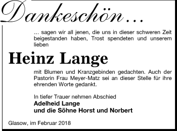 Traueranzeige von Heinz Lange von Mecklenburger Schweiz