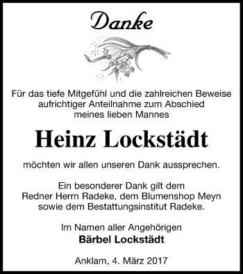 Traueranzeige von Heinz Lockstädt von Vorpommern Kurier