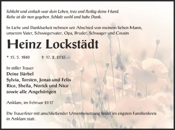Traueranzeige von Heinz Lockstädt von Vorpommern Kurier