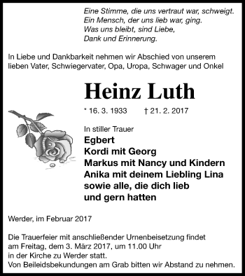 Traueranzeige von Heinz Luth von Neubrandenburger Zeitung