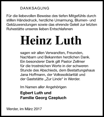 Traueranzeige von Heinz Luth von Neubrandenburger Zeitung