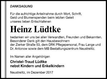 Traueranzeige von Heinz Lüdtke von Strelitzer Zeitung