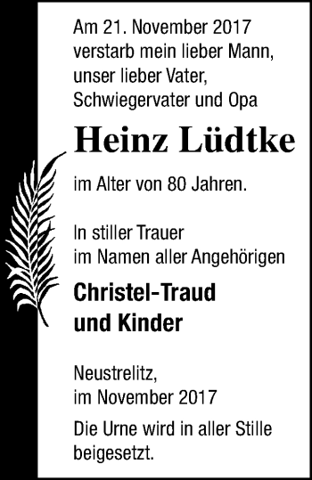 Traueranzeige von Heinz Lüdtke von Strelitzer Zeitung