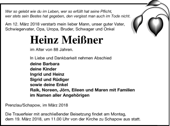 Traueranzeige von Heinz Meißner von Prenzlauer Zeitung