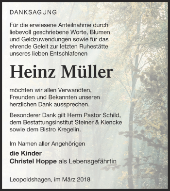 Traueranzeige von Heinz Müller von Haff-Zeitung