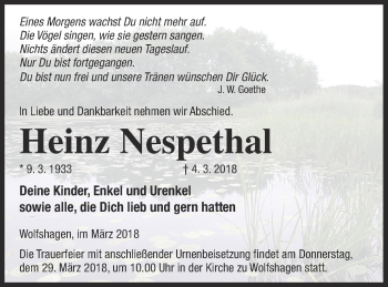 Traueranzeige von Heinz Nespethal von Prenzlauer Zeitung