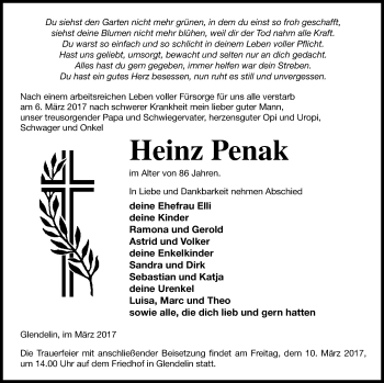 Traueranzeige von Heinz Penak von Demminer Zeitung