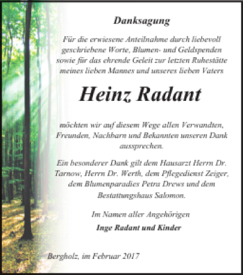 Traueranzeige von Heinz Radant von Pasewalker Zeitung