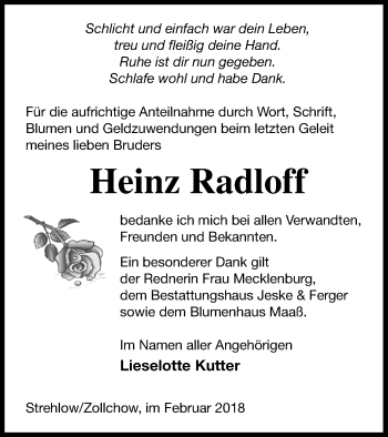 Traueranzeige von Heinz Radloff von Prenzlauer Zeitung