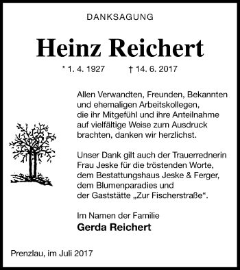 Traueranzeige von Heinz Reichert von Prenzlauer Zeitung
