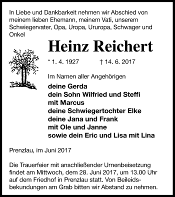 Traueranzeige von Heinz Reichert von Prenzlauer Zeitung