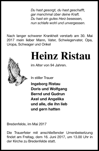 Traueranzeige von Heinz Ristau von Strelitzer Zeitung